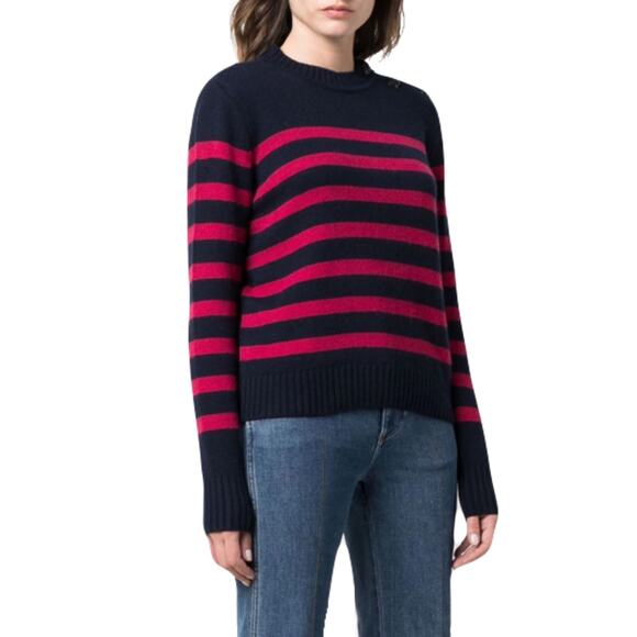 NWOT BA&SH Sweater 0 Cashmere Pink-Navy-Stripe Jewel-Button-Shoulder”Sean”Long-S - Picture 1 of 11